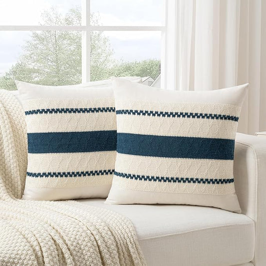 Fancy Homi Set of 2 Boho Teal Decorative Throw Pillow Cover 22x22 Inch for Couch Bed Sofa, Aesthetic Modern Organic Farmhouse Home Decor, Soft Cotton Cute Accent Macrame Woven Cushion Case