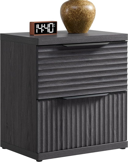 SICOTAS Large Night Stand - 22 Inch Wide Nightstand with 2 Storage Drawers, Modern Fluted Bedside Tables for Bedroom, Tall Nightstands Mid Century Bed Side End Table, Dark Grey Alder