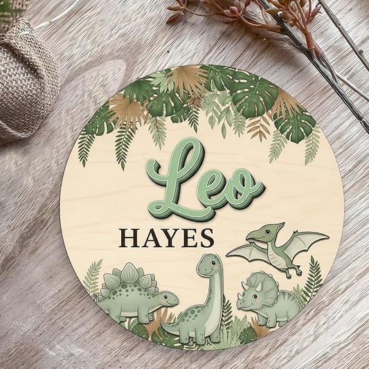 Custom Wooden Baby Name Sign with Cute Dino Design, Personalized Nursery Wall Hanging for Boys Bedroom Unique Newborn Shower Gift for Boys & Girls