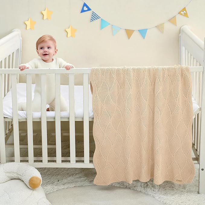 Thick Cotton Knit Baby Blanket 40x31 Inches – Soft Breathable Newborn Blanket for Boys & Girls, Wavy Pattern Receiving Blanket for Crib, Stroller, or Nursery, Gift Box for Baby Shower(Beige)