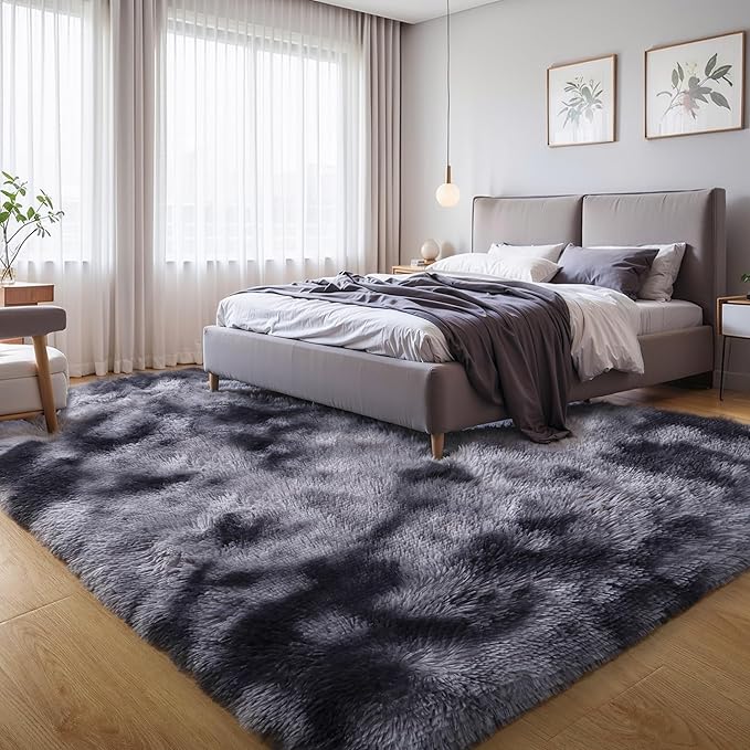 Thick Area Rug Dark Grey Fluffy Shag 6x9 for Bedroom Living Room Ultra Soft Plush Fuzzy Washable Thickened Non-Slip Carpet, Comfy Shaggy Furry Rug for Kids Baby Nursery Dorm, Tie-Dye Gray