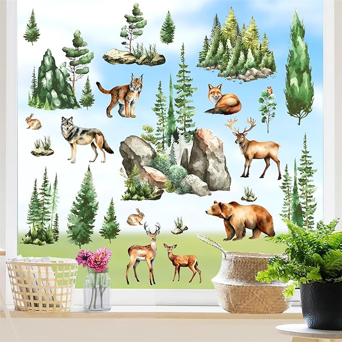 Woodland Animal Window Stickers Clings Watercolor Mountain Animal Tree Wall Decals Green Pine Tree Window Decals Forest Animals Wall Stickers Woodland Window Decoration for Bedroom Living Room