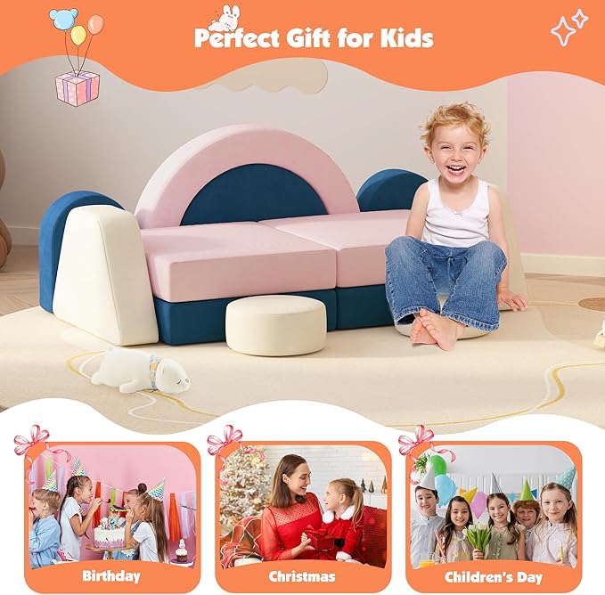 12 PCS Modular Kids Play Block Couch Child Sectional Soft Sofa Toddler Building Fortplay Climbing Bedroom Playroom Baby Convertible Floor Foam Cushion for Boys & Girls (Pink+Blue+Beige)
