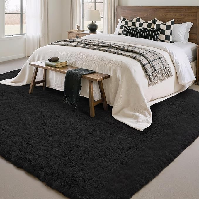5x7 Area Rug for Living Room, Modern Black Super Shag Shaggy Soft Washable Indoor Fuzzy Carpet Non-Slip Fluffy Rugs for Bedroom Home Aesthetic Decor