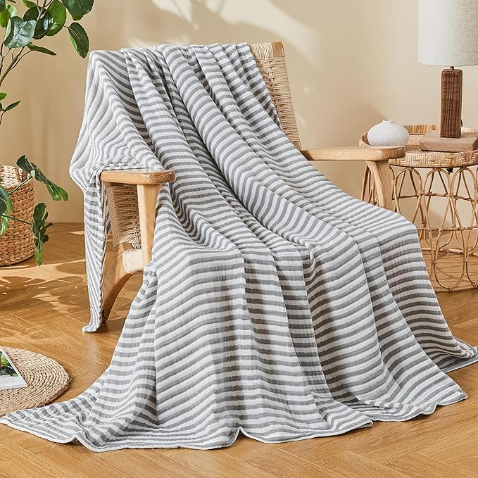 EMME Cotton Muslin Twin XL Blanket Breathable Gauze Soft Lightweight Adults Gifts for Women (Striped Grey, 66"x90")