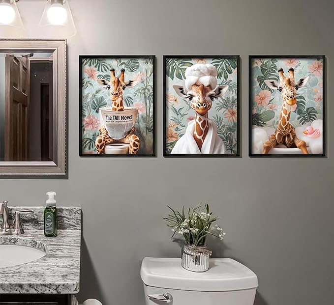 3Pcs Funny Animal Bathroom Canvas Wall Art Giraffe Reading Newspaper on Toilet Painting Picture Wall Decor Eclectic Jungle Giraffe Bathrobe Bathtub Poster Print for Toilet Bathroom Home Decoration