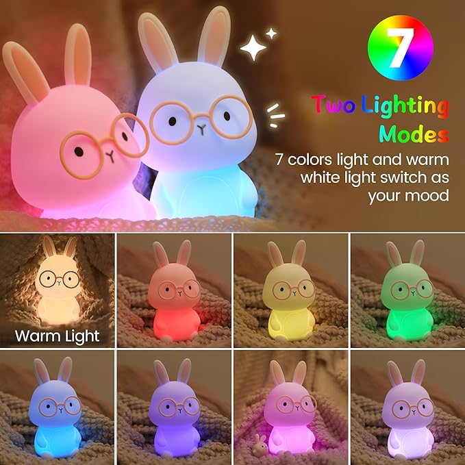 Bunny Lamp for Kids ,Rabbit Night Light with Color Changing, Rechargeable LED Nightlight for Easter Gift,Silicone Bedside Touch Lamp ,3 Levels Dimmable /Timmer Nursery Bedroom Light, Baby Room Decor