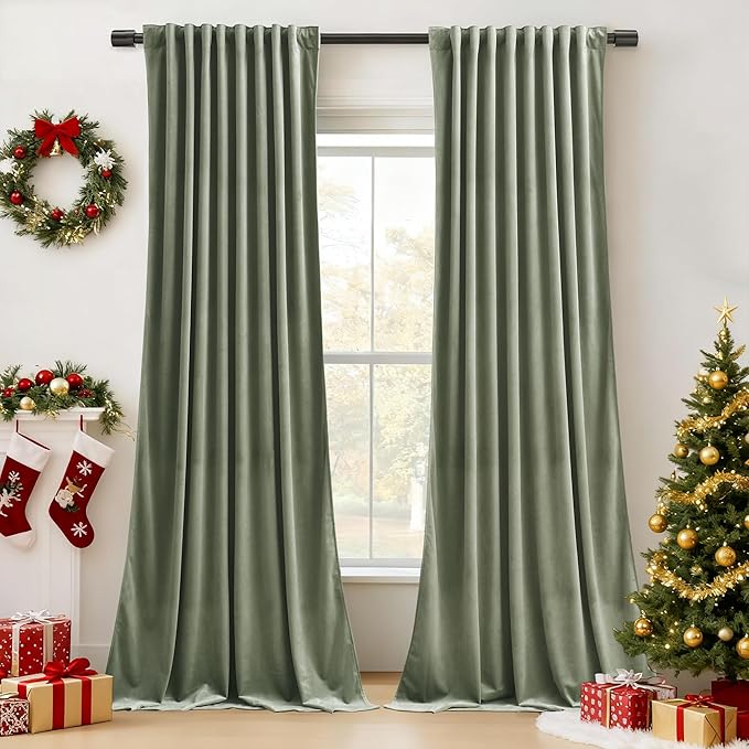 StangH Sage Green Curtains 92 inches Long Super Soft Velvet Room Darkening Thermal Insulated Window Drapes Back Tab Luxury Decor for Bedroom Living Room, W52 x L92, 2 Panels