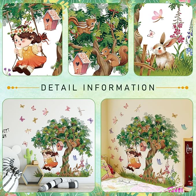 Amaonm Large Whimsical Tree Wall Decal with Woodland Animals, Birds, and Butterflies, Watercolor Green Tree Wall Sticker Decor for Girls Kids Bedroom Living Room Nursery Decoration (B)