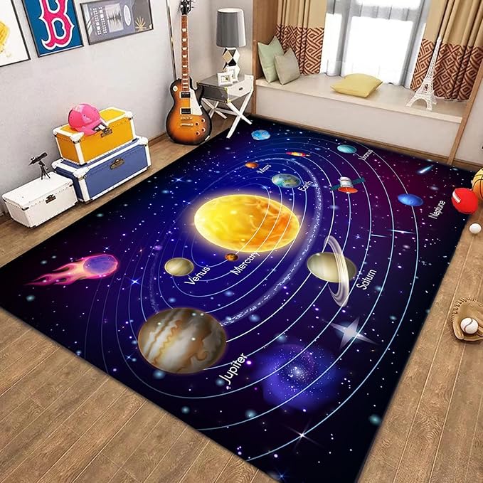 Solar System Planet Area Rug,3x4ft,Boys and Girls Room Large Play Mat, Suitable for Children's Room Bedroom, Classroom, Daycare Center, Kindergarten, Non-Slip Washable Carpet