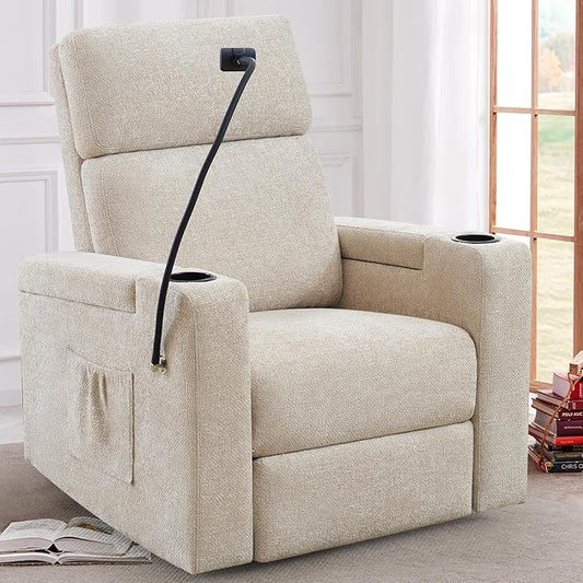 ABCASA Power Recliner Rocking Chair Nursery Glider, Swivel Reclining Nursery Rockers for Baby Room & Living Room, Chenille Chair with Phone Holder, USB/Type-C Ports, Arm Storage, Light Brown