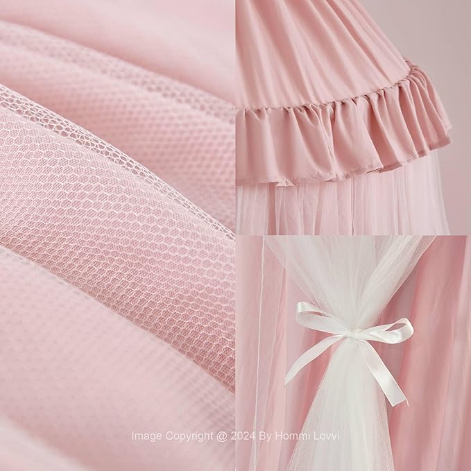 Double Layers Bed Canopy with Star Lights, 3 Pieces Layers Canopy for Girls Bed, Princess Round Dome Dreamy Play Tent, Hanging Kids Reading Nook Mosquito Net, Machine Washable - Pink
