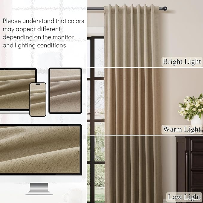Guken Khaki Linen Blackout Curtains for Living Room 90 Inches Long Farmhouse Textured Room Darkening Thermal Insulated Soundproof Back Tab Hook Belt Bedroom Patio Door Drapes 2 Panel Set 52x90