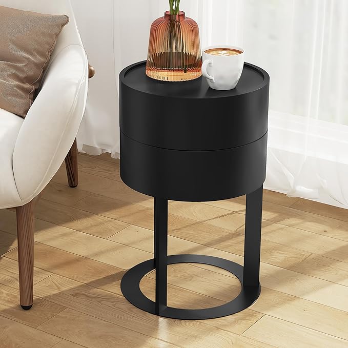 Round Side Table with Hidden Storage Drawers, Modern Nightstand with Swivel Drawer, Minimalist Bedside Table for Bedroom, Living Room, Black