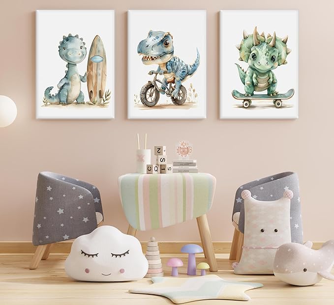 Funny Dinosaur Nursery Canvas Wall Art Surfing Skateboard Riding Dinosaur Painting Picture Wall Decor Sport Nursery dinosaur Print Artwork Poster Print Artwork for Boys Room Girls Room Home Decoration