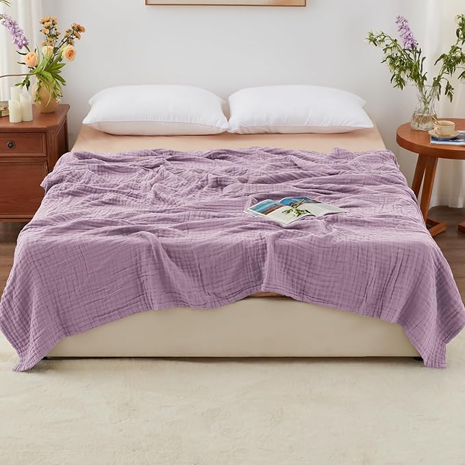 Love's cabin 6 Layer 100% Cotton Muslin Blanket, 90"x90" Muslin Blanket Queen for Couch Bed, Lightweight and Breathable Cotton Gauze for Adult, Lavender