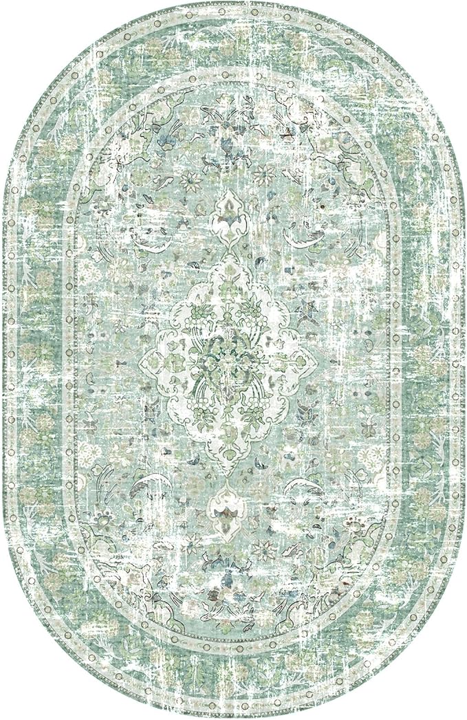 Vhong Washable Area Rugs Boho Vintage Modern Neutral 4×6 Carpet Sage Green High Traffic Oval Non Slip Rugs for Dinning Room Bedroom Living Room Farmhouse