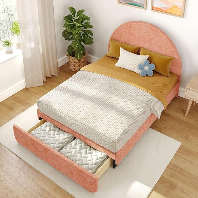 Max & Lily Upholstered Full Bed Frame with Arch Headboard with 1 Drawer End Storage, Upholstered Platform Bed for Kids, No Box Spring Needed, Easy Assembly, Dusty Rose