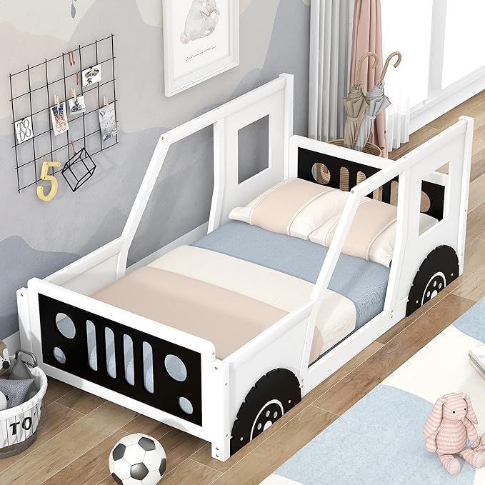 Bellemave Twin Size Toddler Bed, Classic Car-Shaped Platform Bed with Wheels, Wood Twin Montessori Floor Bed for Kids Boy Girls (White+Black)