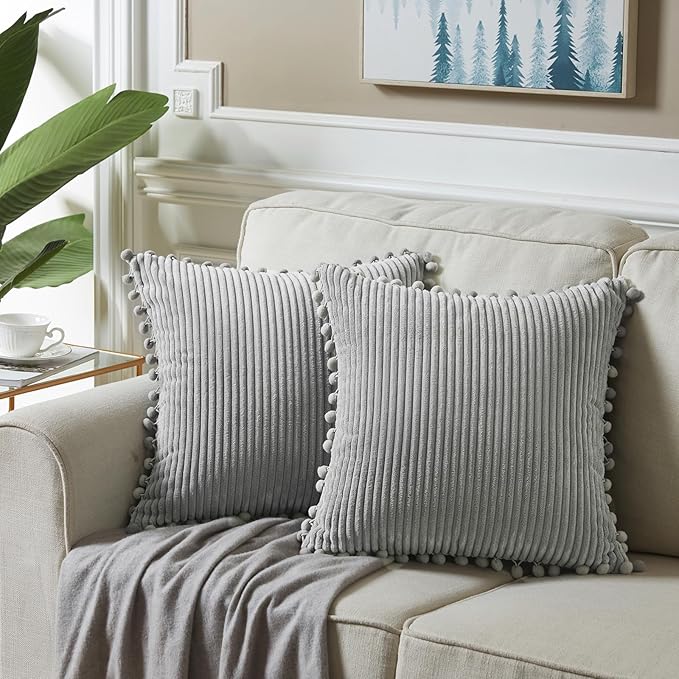 Fancy Homi 2 Packs Neutral Grey Decorative Throw Pillow Covers 16x16 Inch with Pom-poms for Couch Bed Sofa, Aesthetic Modern Organic Farmhouse Boho Home Decor, Soft Corduroy Cute Accent Cushion Case