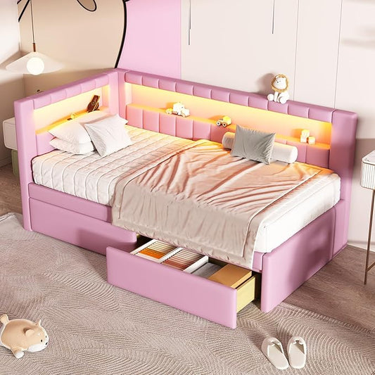 Twin Size Soft Daybed with Storage Drawers, Shelves and LED Belt, Linen Upholstered Corner Bed with L-Shaped Bookshelf Headboard and USB Charger for Kids Boys Girls, Pink