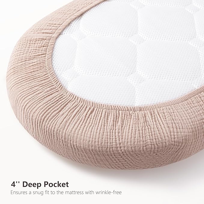 Bearmoss Bassinet Sheets - 2 Pack Muslin Cotton Bassinet Sheets Fits Oval and Rectangle Bassinet Mattress, Breathable and Skin-Friendly for Baby Boy and Girl (Cream&Sand)