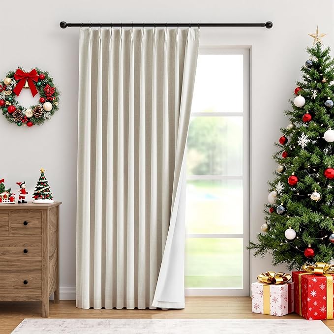 IVAPUPU Natural Pinch Pleated Full Blackout Curtains Linen Blend Room Darkening Window Curtains 1 Panel for Living Room Bedroom Thermal Insulated Curtain Drapes with 12 Pcs Hooks 60''Wx108''L
