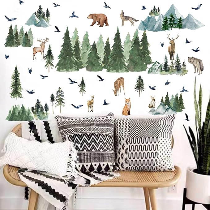 Mountain Tree Wall Decals Watercolor Pine Tree Wall Decals Large Woodland Wall Stickers Forest Flying Birds Deer Fox Bear Animal Wall Stickers for Nursery Kids Room Bedroom Decor