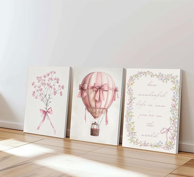 3Pcs Pink Nursery Canvas Wall Art Pictures Cute Baby Girls Room Posters Print Neutral Pink Bow Bouquet Hot Air Balloon Pastel Painting Wall Decor for Kids Room Little Girl Bedroom 16x24in Framed