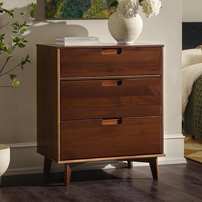 Walker Edison Sloane 3-Drawer Groove Handle Solid Pine Wood Dresser, 36 Inch, Walnut