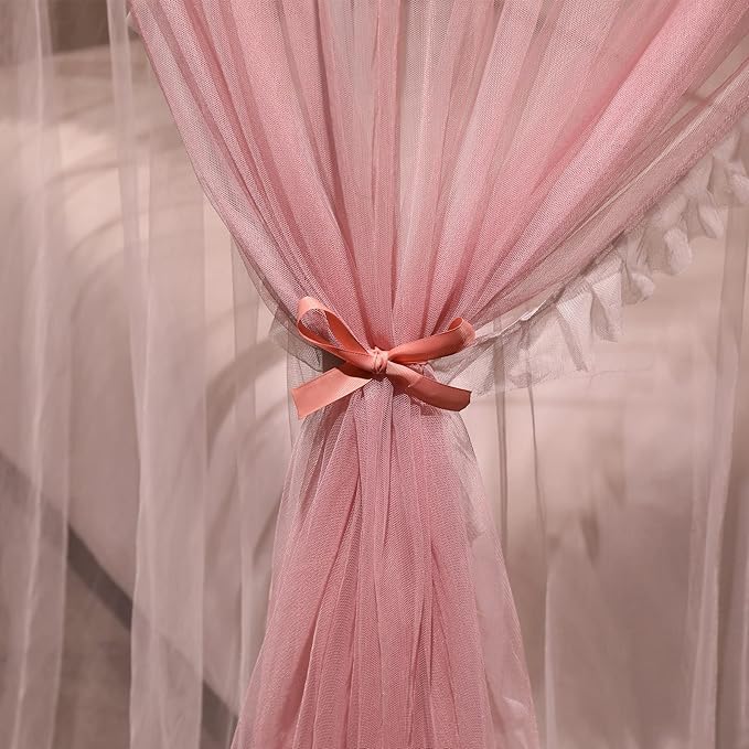 VETHIN 4 Corners Post Ruffle Princess Bed Canopy Curtain-Double Layer Cozy Drape Netting 4 Opening Mosquito Net for Girls Adults Bedroom Decoration (Pink/Whtie,64" W*82" L*82"*H/Queen)