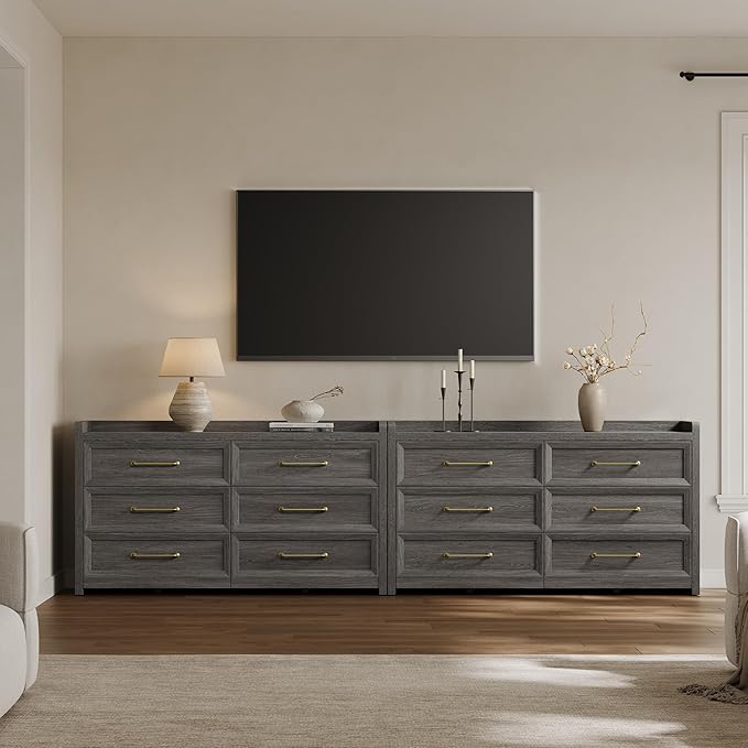SICOTAS 6 Drawer Dresser for Bedroom-56.4" Extra-Wide Wooden Chest of Drawers with Large Storage, Long Dresser TV Stand with Drawers, Modern Closet Dressers for Nursery Living Room, Dark Grey Oak