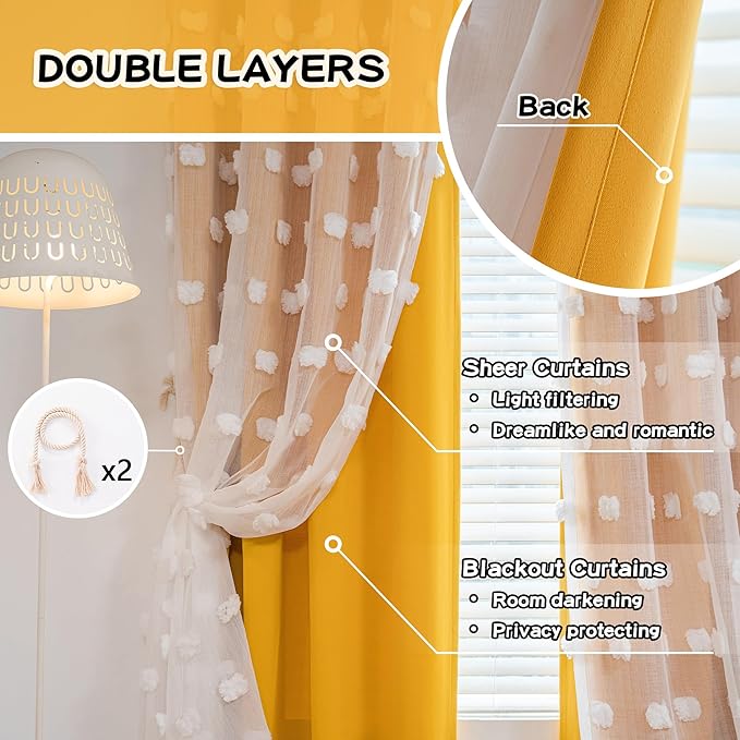 MYSKY HOME Yellow Curtains for Living Room Nursery Curtains 84 Inch Long Double Layer Curtains for Kids Room White Pom Pom Sheer Blackout Grommet Room Darkening Window Curtains 2 Panels Set 52" x 84"