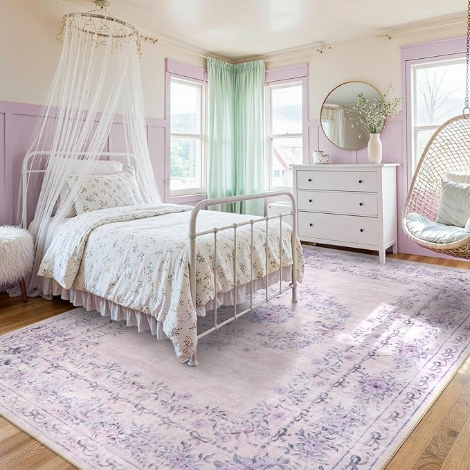 Wonnitar Floral Print 8x10 Washable Rug, Purple Bow Room Decor for Girls Bedroom, Ultra-Thin Non Slip Soft 8 x 10 Large Boho Carpet for Living Room Baby Nursery Kids Playroom