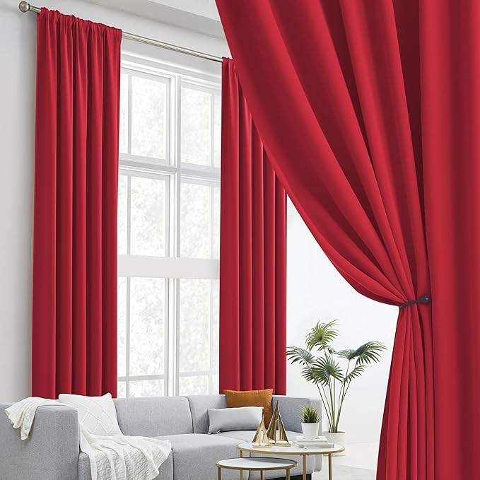 DUALIFE Extra Long 132 Inch Curtains Red Back Tab Loop Pocket Thermal Insulated Blackout Curtain Drapes for High Ceiling Living Room 52 by 132 Inch 11 FT/Foot Length 2 Panels