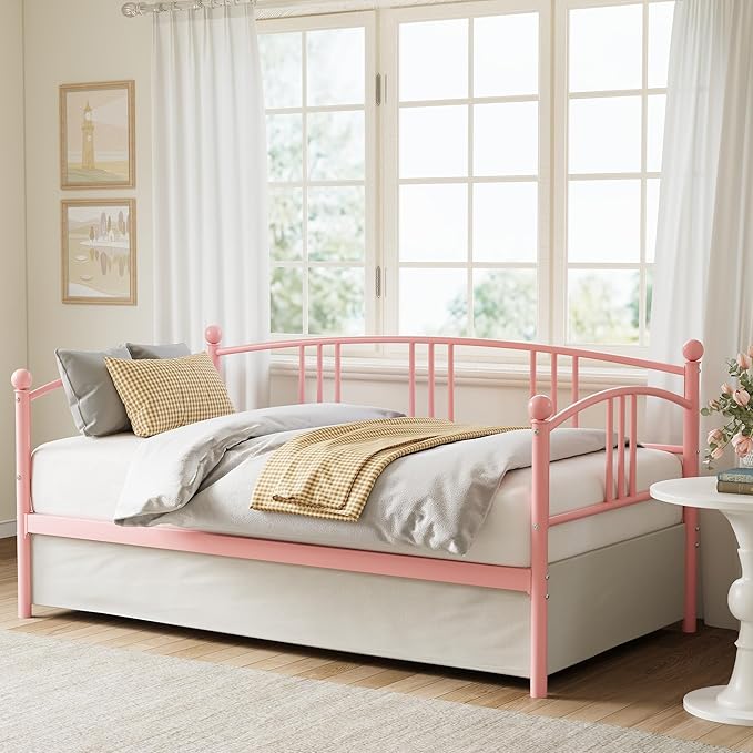 GarveeHome Twin Daybed, Sturdy Metal Day Bed with Steel Slat Support, Arched Headboard Sofa Bed for Living Room, Bedroom and Guest Room, Pink