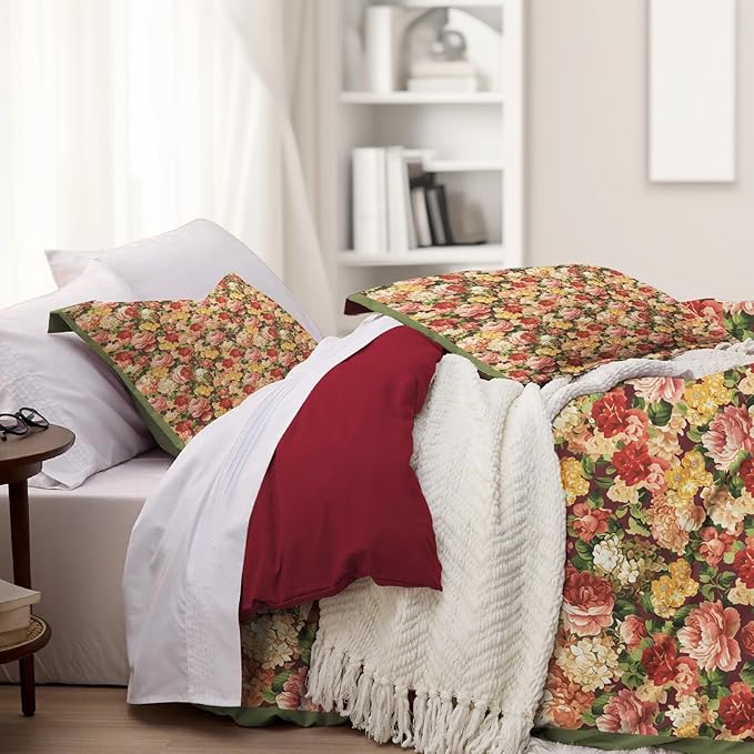 MAGRACE Cotton Duvet Cover Queen- Super Soft Breathable Duvet Cover Set -Duvet Cover with Pillow Shams, Vintage Floral Pattern & Maroon Red Reversible