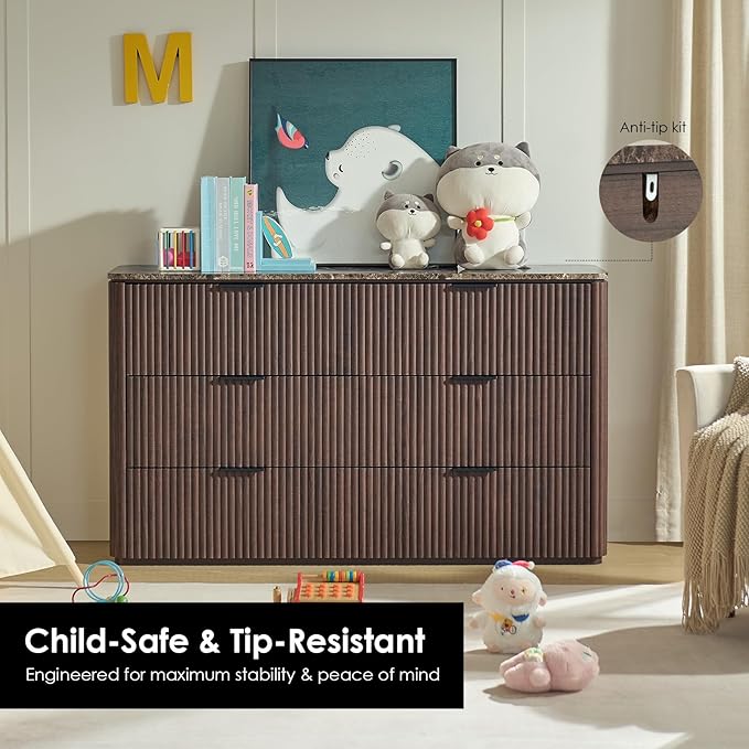 Fluted 6 Drawer Dresser for Bedroom, 54.5" Wide Modern Chest of Drawers with Faux Marble Top, Curved Corners Design, Wooden Dresser TV Stand with Organizer Storage for Living Room, Dark Oak