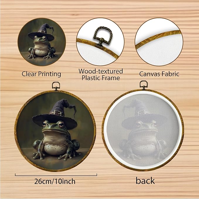 Hiuwevt Vintage Moody Gothic Witchy Frog Round Wall Art Decor, Dark Academia Cottagecore Framed Canvas Prints, Farmhouse Rustic Frog Round Wall Hanging Decor for Bedroom Home Decorations, 10x10 Inches
