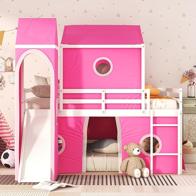 Playhouse Design Full Size Low Loft Bed with Slide & Tent and Tower, Solid Wood Tent Bed Frame for Kids Boys Girls, Versatile Spacious Under Bed Space with Curtains (Pink-TE)