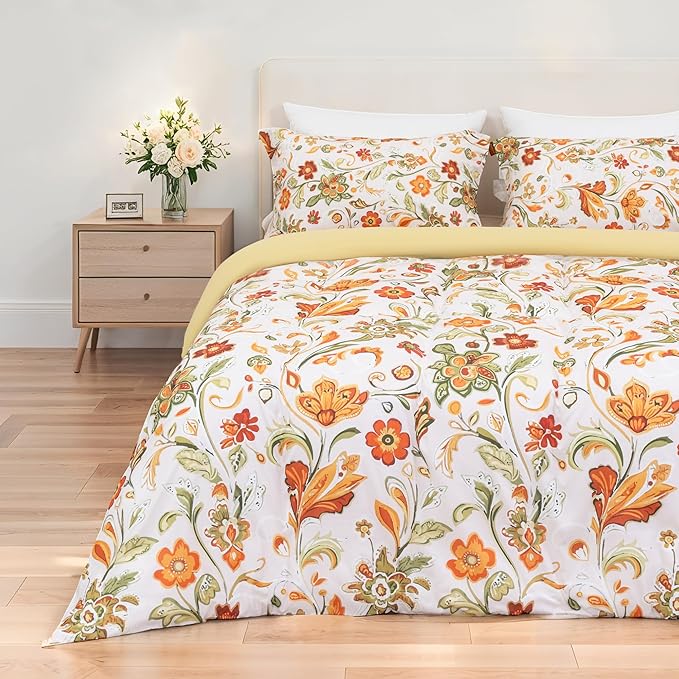 Orange Blossom Garden Duvet Cover Queen Size, 3 PCS Washed Fiber Floral Botanical Pattern Bedding Set, Cozy Soft Breathable Quilt Cover, Zipper + 8 Corner Ties + 2 Pillow Shams, Without Comforter