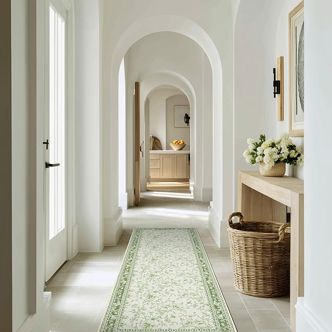 Sage Green Runner Rug 2x6 for Hallways, Non-Slip Washable Kitchen Runner Vintage Boho Farmhouse Floral Sketch Printed Rug Floor Carpet for Laundry Bedroom Entryway Green Cream Beige Flower Design