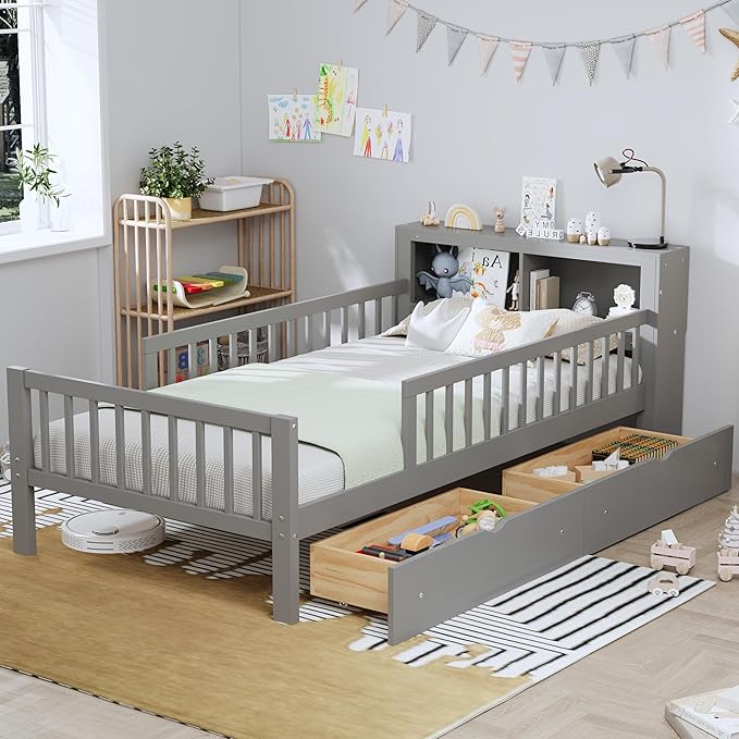 Wood Twin Size Platform Bed with Safety Fence for Kids Boys Girls, Platform Bed Frame with Practical Headboard and 2 Under-Bed Drawers, Sturdy Slats Support (Gray-3.15)