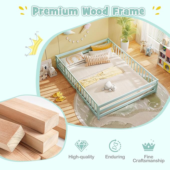 KOMFOTT Queen Size Wood Floor Bed with Door & Fence, Montessori Bed Frame with Full Length Safety Guardrails, Door & Latch, Wooden Montessori Floor Bed for Kids, Girls, Boys (Queen,Light Green)