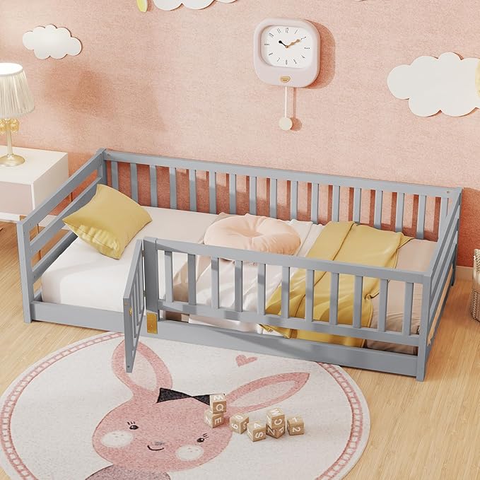 KOMFOTT Twin Size Wood Floor Bed with Door & 21.5” Fence, Montessori Bed Frame with Full Length Safety Guardrails, Door & Latch, Wooden Montessori Floor Bed for Kids, Girls, Boys