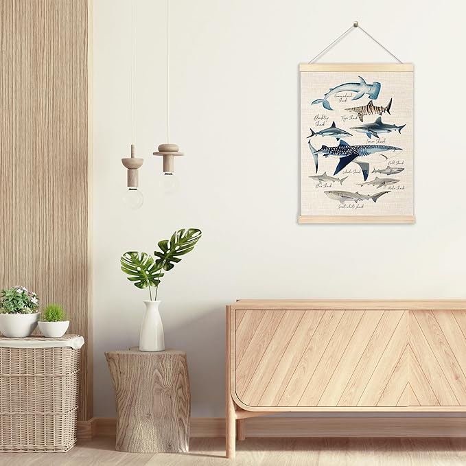 Ecezatik Species of Sharks Wall Art with Wooden Poster Hanger, Shark Posters, Beach Room Decor, Ocean Room Decor, Shark Wall Art Decor for for Classroom Nursery Kids Room Playroom, 12x16 Inch
