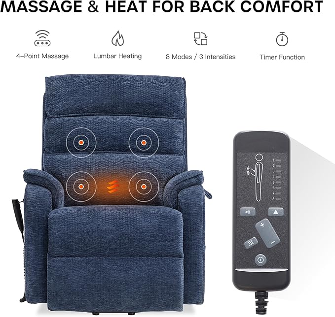 DYNOX 350 LBS Power Lift Recliner Chair for Elderly, Medium Size Dual Motor Lay Flat Infinite Positions Recliner with Heat & Massage(9188,Chenille,Dark Blue)
