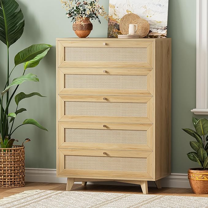AOGLLATI Rattan Dresser for Bedroom with 5 Drawer, Modern Double Wooden Tall Bedroom Dresser, Chest of Drawers with Metal Handle & Solid Wood Legs for Bedroom/Living Room,