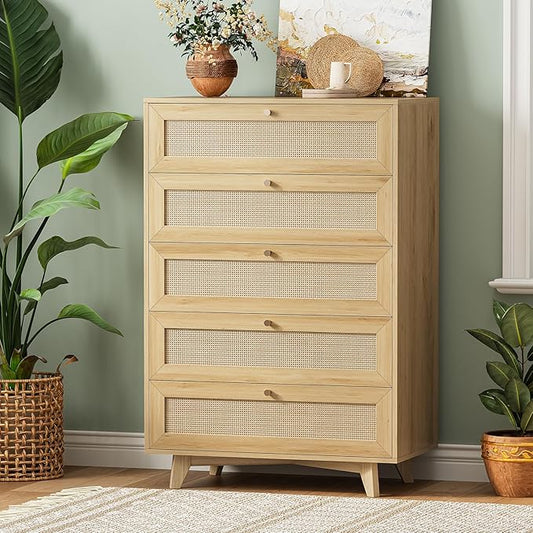 AOGLLATI Rattan Dresser for Bedroom with 5 Drawer, Modern Double Wooden Tall Bedroom Dresser, Chest of Drawers with Metal Handle & Solid Wood Legs for Bedroom/Living Room,