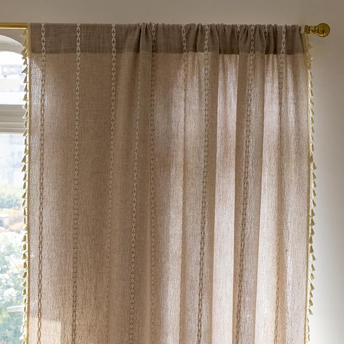 Deeprove Natural Burlap Look Boho Curtains 90 inches Length for Living Room Bedroom Nursery, Vintage Chic Bohemian 90 inches Long Embroidery Farmhouse Tassel Window Treatments, W52 x L90, 1 Panel